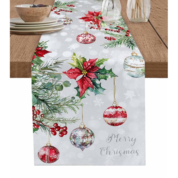 Ldtrchee Gray Christmas Balls Table Runner 48 Inches, Red Green Xmas Botanical Snowflake Bed Runner Dresser Scarves Tabletop for Indoor Outdoor Parties/Ceremony/Banquet, 13" x 48"