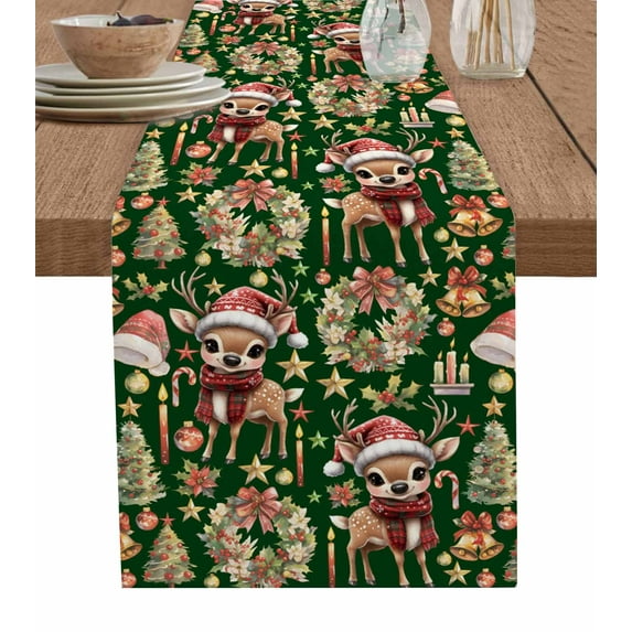 Ldtrchee Green Christmas Table Runner 70 Inches, Elk Xmas Tree Wreath Balls Bell Bed Runner Dresser Scarves Tabletop for Indoor Outdoor Parties/Ceremony/Banquet, 13" x 70"
