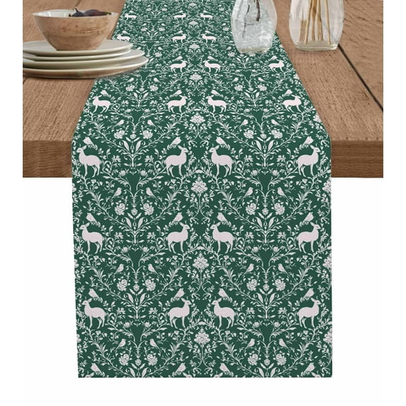 Ldtrchee Green Flower Deer Table Runner 120 Inches, Retro Animal Tree Branch Leaf Plant Bed Runner Dresser Scarves Tabletop for Indoor Outdoor Parties/Ceremony/Banquet, 13"x 120"