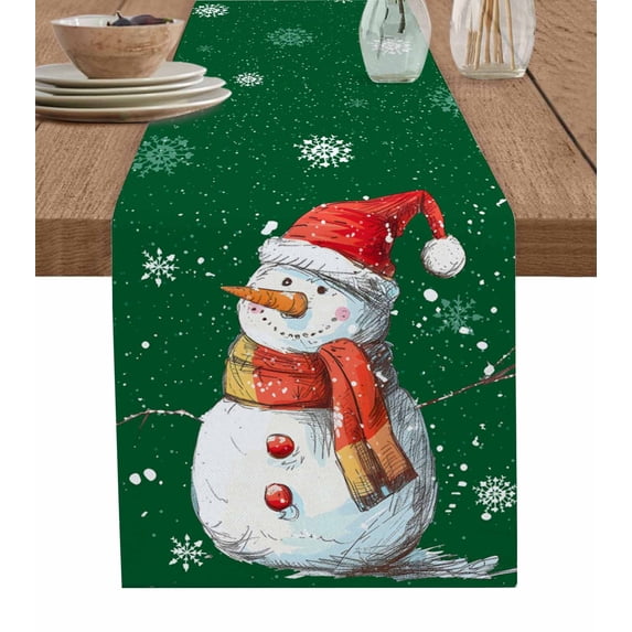 Ldtrchee Green Snowman Christmas Table Runner 108 Inches, Xmas Snowflake Watercolor Bed Runner Dresser Scarves Tabletop for Indoor Outdoor Parties/Ceremony/Banquet, 13"x 108"