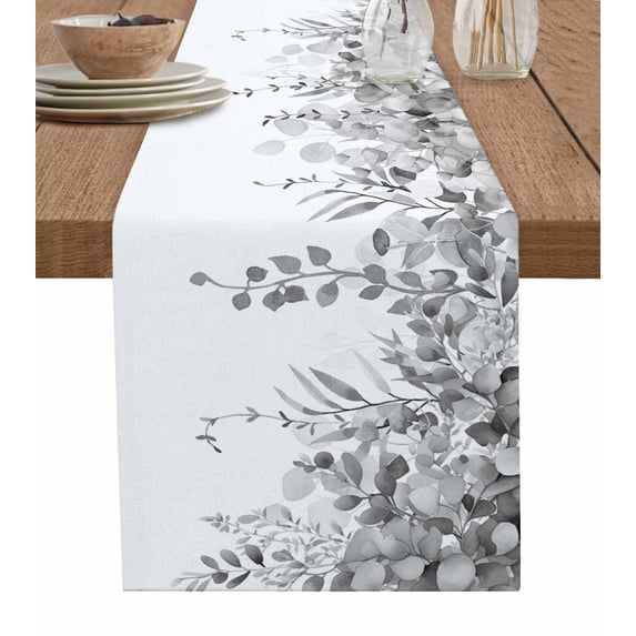 Ldtrchee Grey Botanical Table Runner 70 Inches, Weeping Eucalyptus Leaves Watercolor Bed Runner Dresser Scarves Tabletop for Indoor Outdoor Parties/Ceremony/Banquet, 13" x 70"