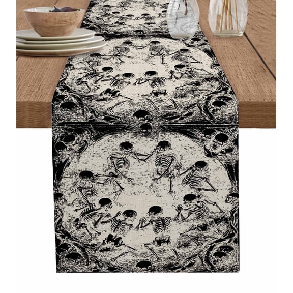Ldtrchee Halloween Table Runner 36 Inches, Skeleton Retro Black Beige Bed Runner Dresser Scarves Tabletop for Indoor Outdoor Parties/Ceremony/Banquet, 13"x 36"
