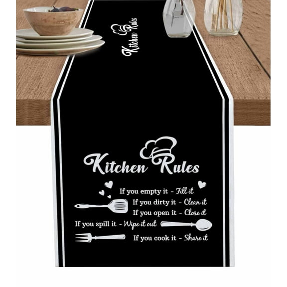 Ldtrchee Kitchen Supplies Table Runner 72 Inches, Black White Chef Hat Love Heart Bed Runner Dresser Scarves Tabletop for Indoor Outdoor Parties/Ceremony/Banquet, 16" x 72"