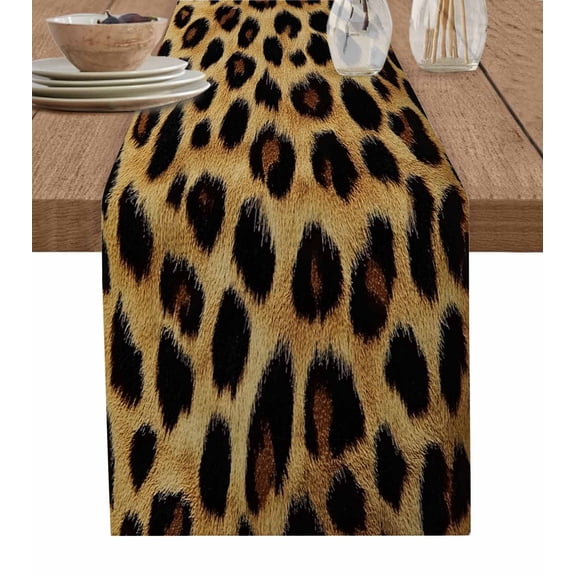Ldtrchee Leopard Print Table Runner 90 Inches, Brown Yellow Retro Animal Fur Pattern Bed Runner Dresser Scarves Tabletop for Indoor Outdoor Parties/Ceremony/Banquet, 13" x 90"