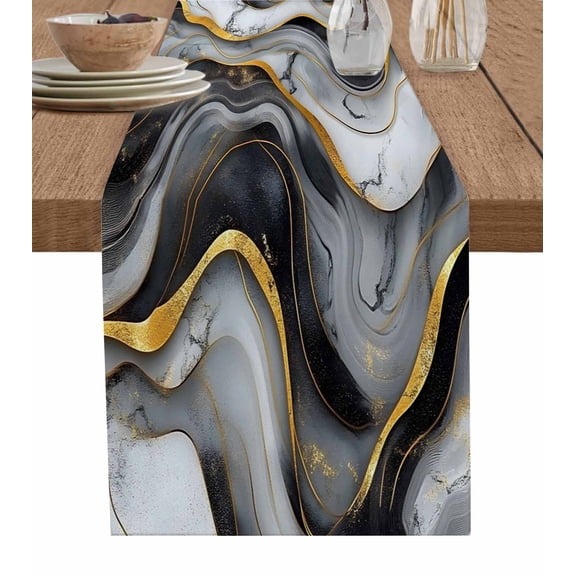 Ldtrchee Marble Black Grey Table Runner 48 Inches, Modern Fake Stone Gold Foil Wavy Bed Runner Dresser Scarves Tabletop for Indoor Outdoor Parties/Ceremony/Banquet, 13" x 48"