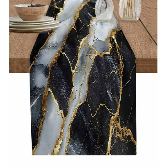 Ldtrchee Marble Black Table Runner 48 Inches, Grey Granite Surface Luxury Gold Foil Bed Runner Dresser Scarves Tabletop for Indoor Outdoor Parties/Ceremony/Banquet, 13" x 48"