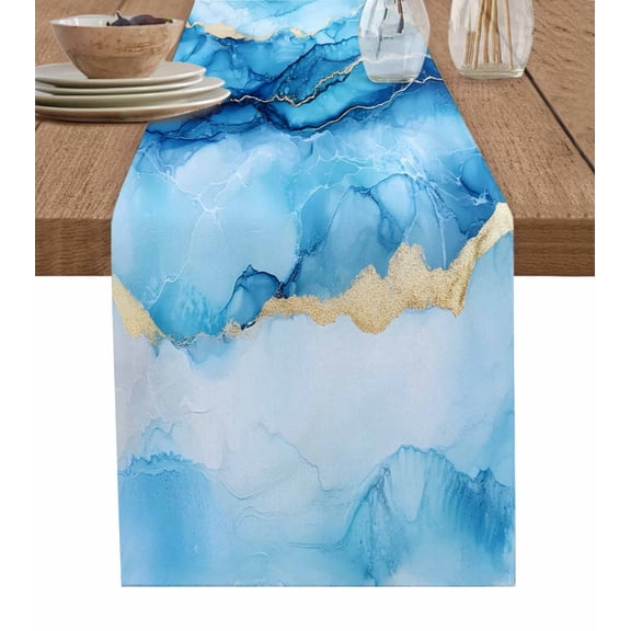 Ldtrchee Marble Blue Ombre Table Runner 36 Inches, Modern Abstract Ink Painted Golden Bed Runner Dresser Scarves Tabletop for Indoor Outdoor Parties/Ceremony/Banquet, 13"x 36"