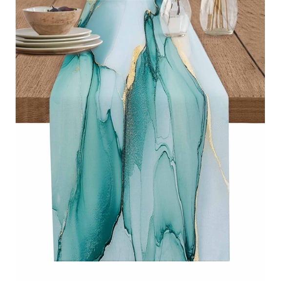 Ldtrchee Marble Teal Table Runner 48 Inches, Golden Ink Painting Abstract Art Bed Runner Dresser Scarves Tabletop for Indoor Outdoor Parties/Ceremony/Banquet, 13" x 48"