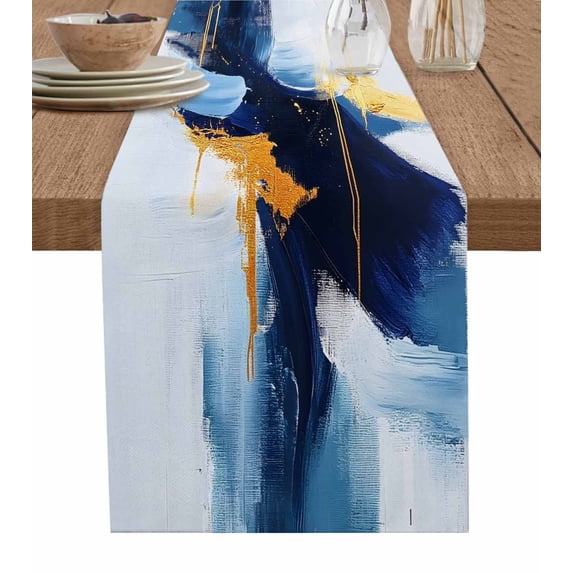 Ldtrchee Modern Blue Table Runner 72 Inches, Abstract White Art Painting Coast Neutral Bed Runner Dresser Scarves Tabletop for Indoor Outdoor Parties/Ceremony/Banquet, 16" x 72"
