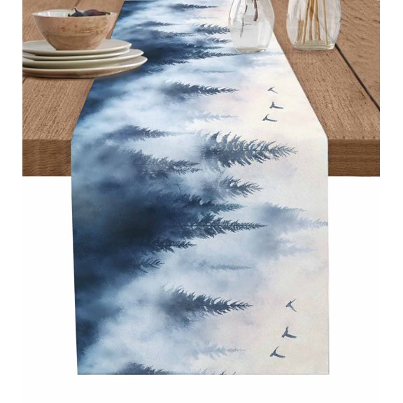 Ldtrchee Mountain Tree Table Runner 36 Inches, Nature Forest Bird Landscape Frog Bed Runner Dresser Scarves Tabletop for Indoor Outdoor Parties/Ceremony/Banquet, 13"x 36"