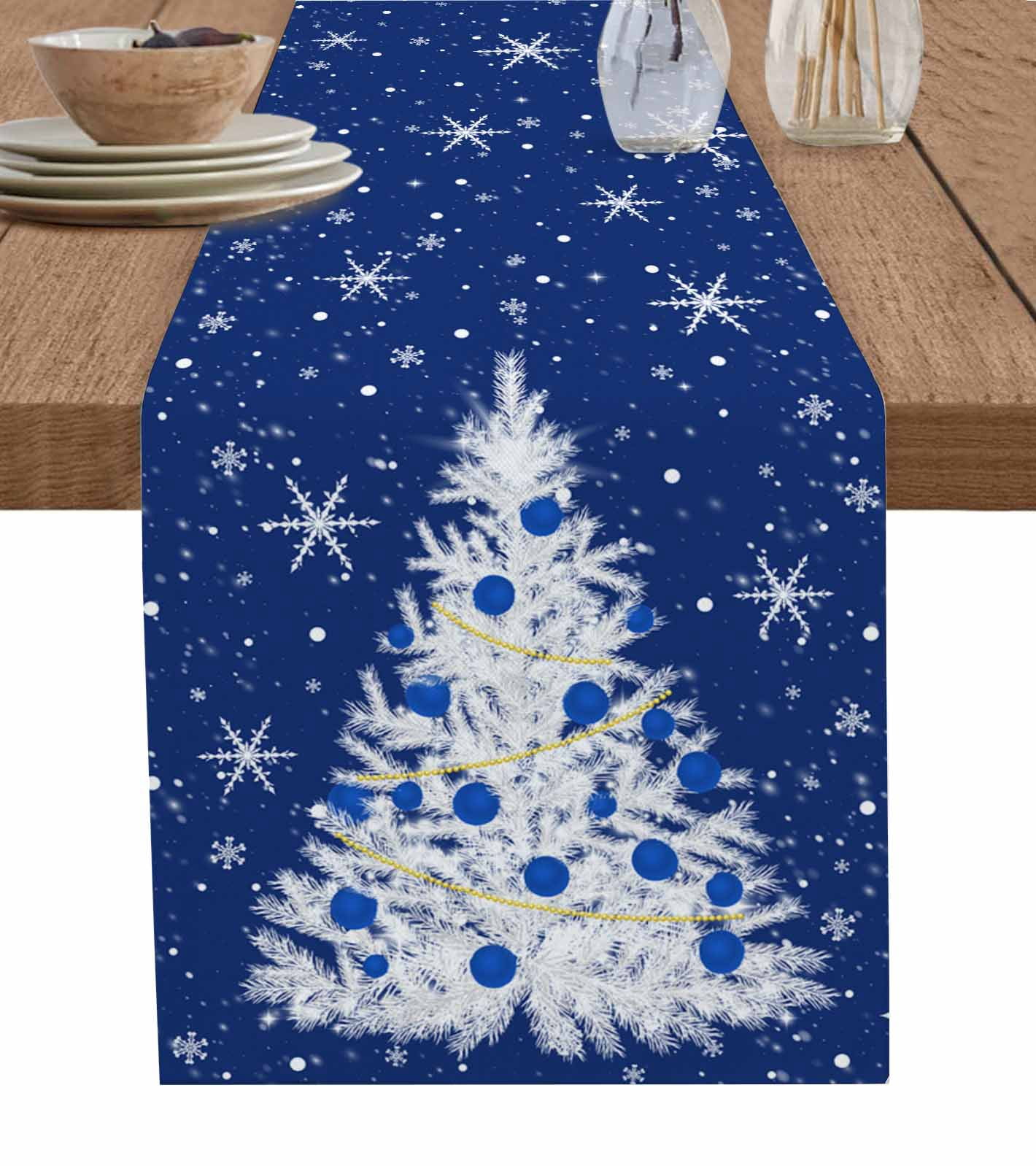 Ldtrchee Navy Blue Christmas Tree Table Runner 70 Inches, Balls Snowflake Xmas Tree Bed Runner Dresser Scarves Tabletop for Indoor Outdoor Parties/Ceremony/Banquet, 13" x 70"