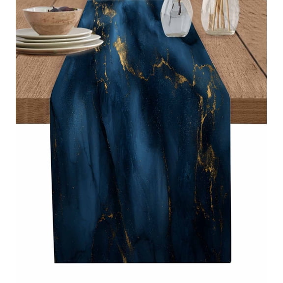 Ldtrchee Navy Blue Table Runner 72 Inches, Modern Abstract Marble Ink Painted Art Bed Runner Dresser Scarves Tabletop for Indoor Outdoor Parties/Ceremony/Banquet, 13" x 72"