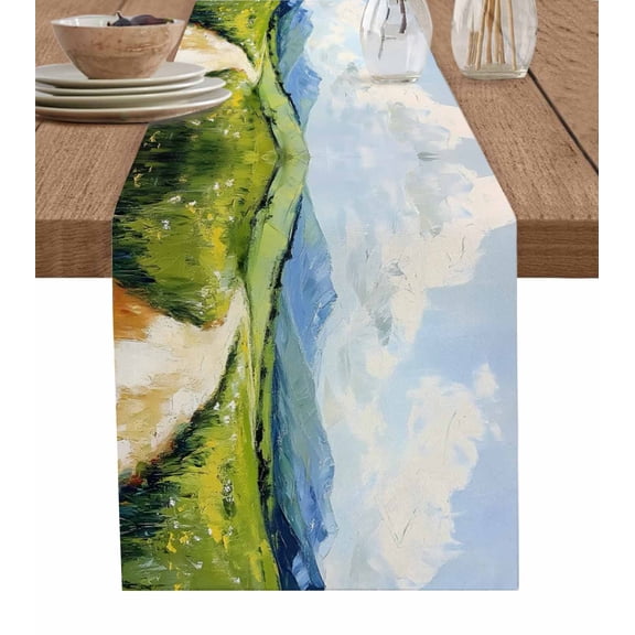 Ldtrchee Oil Painting Table Runner 108 Inches, Modern Grassland Scenery Mountain Bed Runner Dresser Scarves Tabletop for Indoor Outdoor Parties/Ceremony/Banquet, 13"x 108"