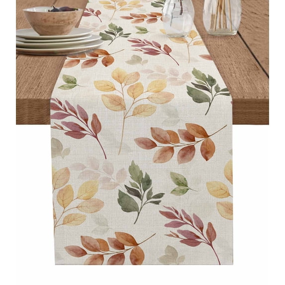 Ldtrchee Orange Green Yellow Botanical Table Runner 48 Inches, Fall Maple Leaf Rustic Bed Runner Dresser Scarves Tabletop for Indoor Outdoor Parties/Ceremony/Banquet, 13" x 48"