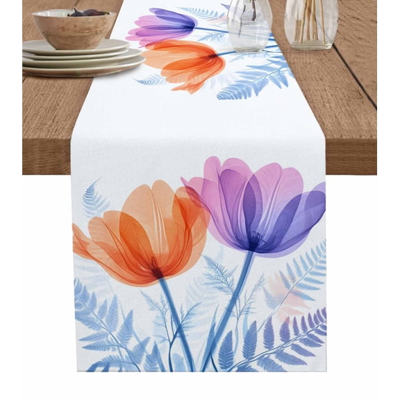 Ldtrchee Orange Purple Floral Table Runner 70 Inches, Spring Tulip Elegant Petals Bloom Bed Runner Dresser Scarves Tabletop for Indoor Outdoor Parties/Ceremony/Banquet, 13" x 70"