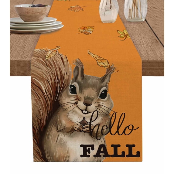 Ldtrchee Orange Squirrel Hello Fall Table Runner 60 Inches, Maple Leaf Thanksgiving Bed Runner Dresser Scarves Tabletop for Indoor Outdoor Parties/Ceremony/Banquet, 13" x 60"