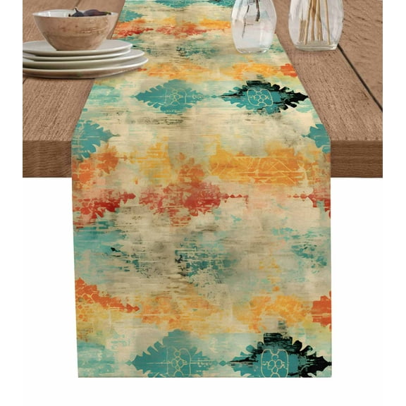 Ldtrchee Orange Teal Red Boho Table Runner 36 Inches, Modern Abstract Splashing Art Bed Runner Dresser Scarves Tabletop for Indoor Outdoor Parties/Ceremony/Banquet, 13"x 36"