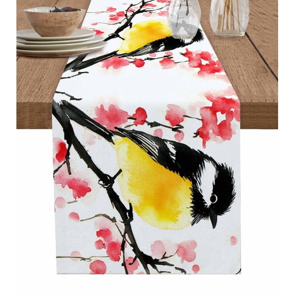 Ldtrchee Peach Cherry Blossoms Table Runner 36 Inches, Animal Bird Tree Branch Painting Bed Runner Dresser Scarves Tabletop for Indoor Outdoor Parties/Ceremony/Banquet, 13"x 36"