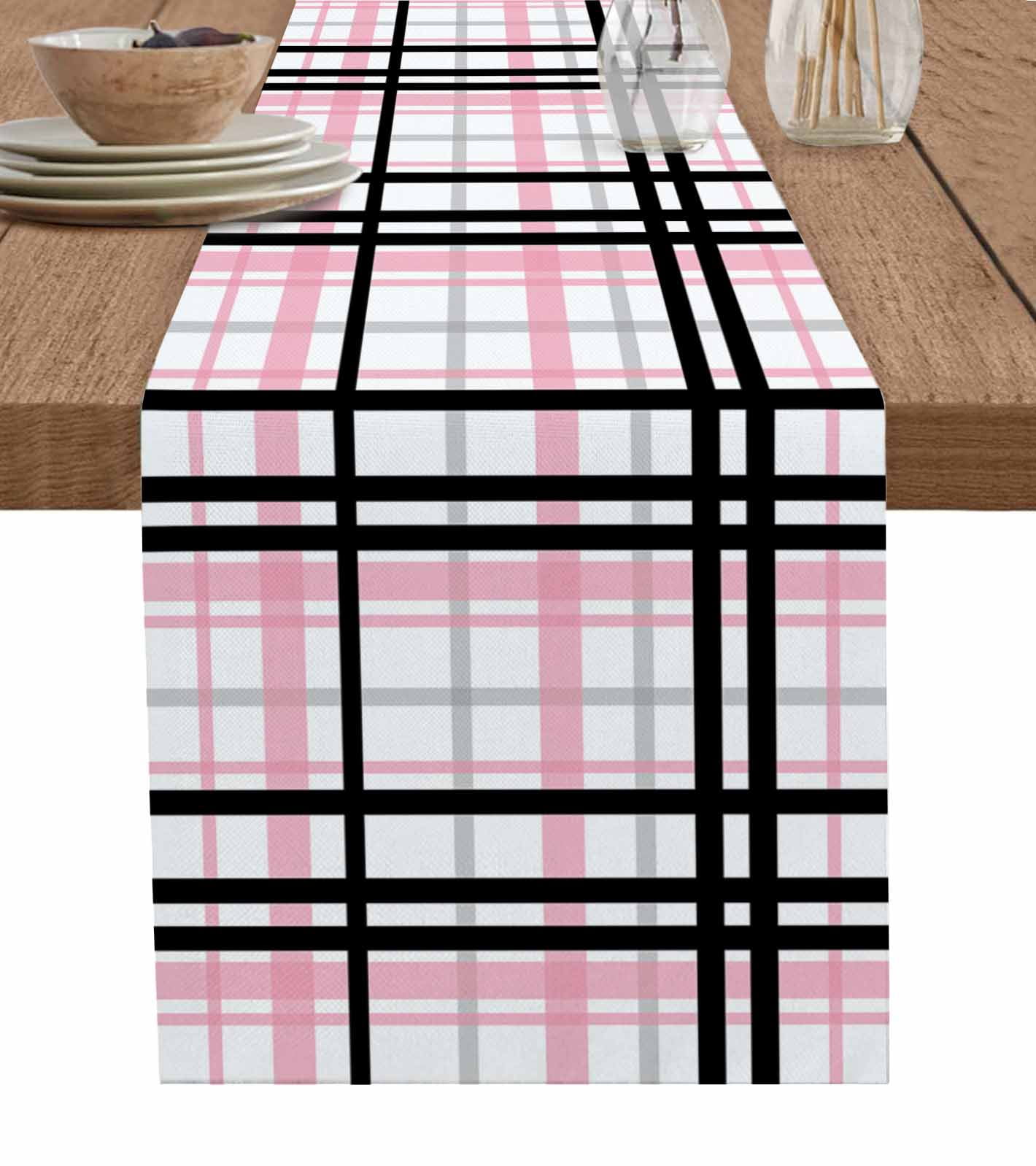 Ldtrchee Pink Black Plaid Table Runner 108 Inches, Farmhouse Pink Black Checkered Bed Runner Dresser Scarves Tabletop for Indoor Outdoor Parties/Ceremony/Banquet, 13"x 108"