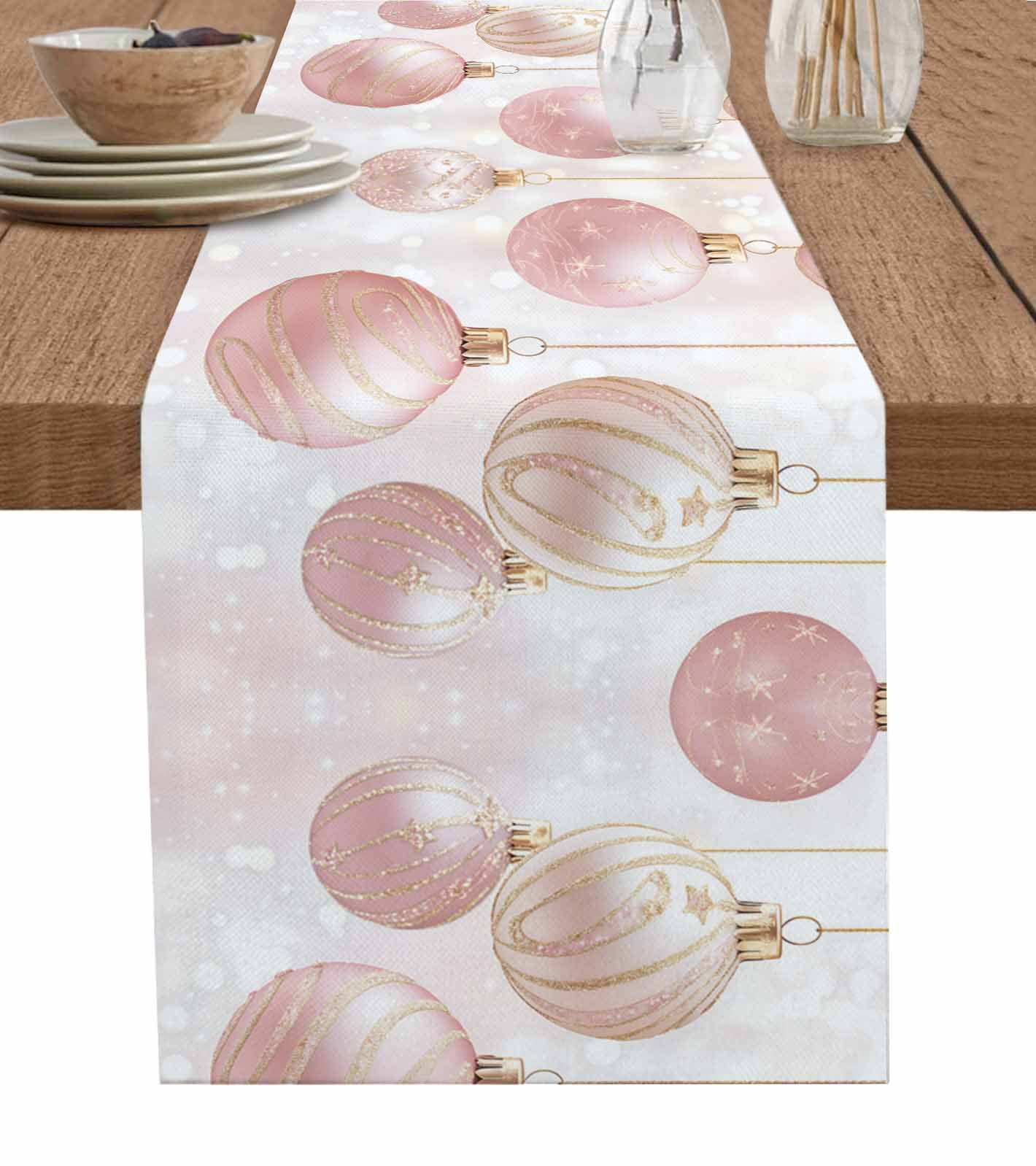 Ldtrchee Pink Christmas Table Runner 108 Inches, Christmas Balls Snowflake Bed Runner Dresser Scarves Tabletop for Indoor Outdoor Parties/Ceremony/Banquet, 13"x 108"