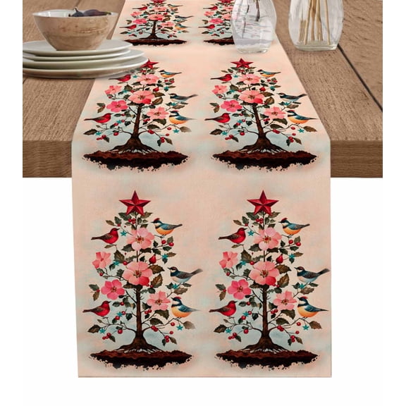 Ldtrchee Pink Christmas Table Runner 36 Inches, Xmas Tree Birds Floral Botanical Bed Runner Dresser Scarves Tabletop for Indoor Outdoor Parties/Ceremony/Banquet, 13"x 36"