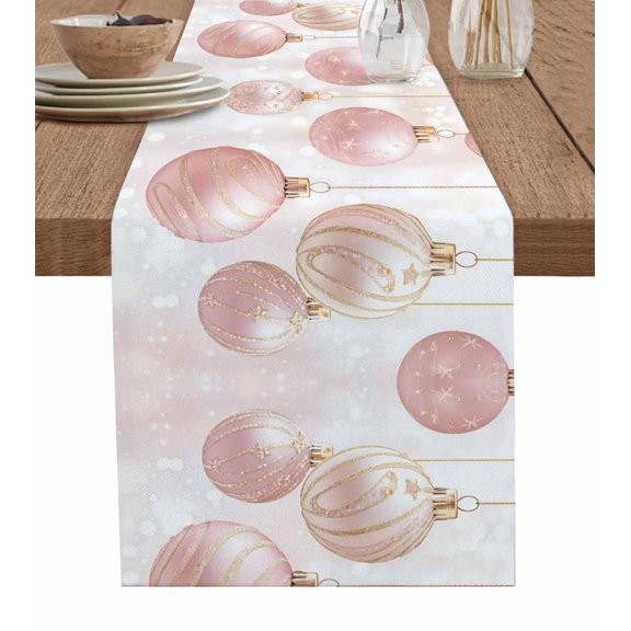 Ldtrchee Pink Christmas Table Runner 48 Inches, Christmas Balls Snowflake Bed Runner Dresser Scarves Tabletop for Indoor Outdoor Parties/Ceremony/Banquet, 13" x 48"