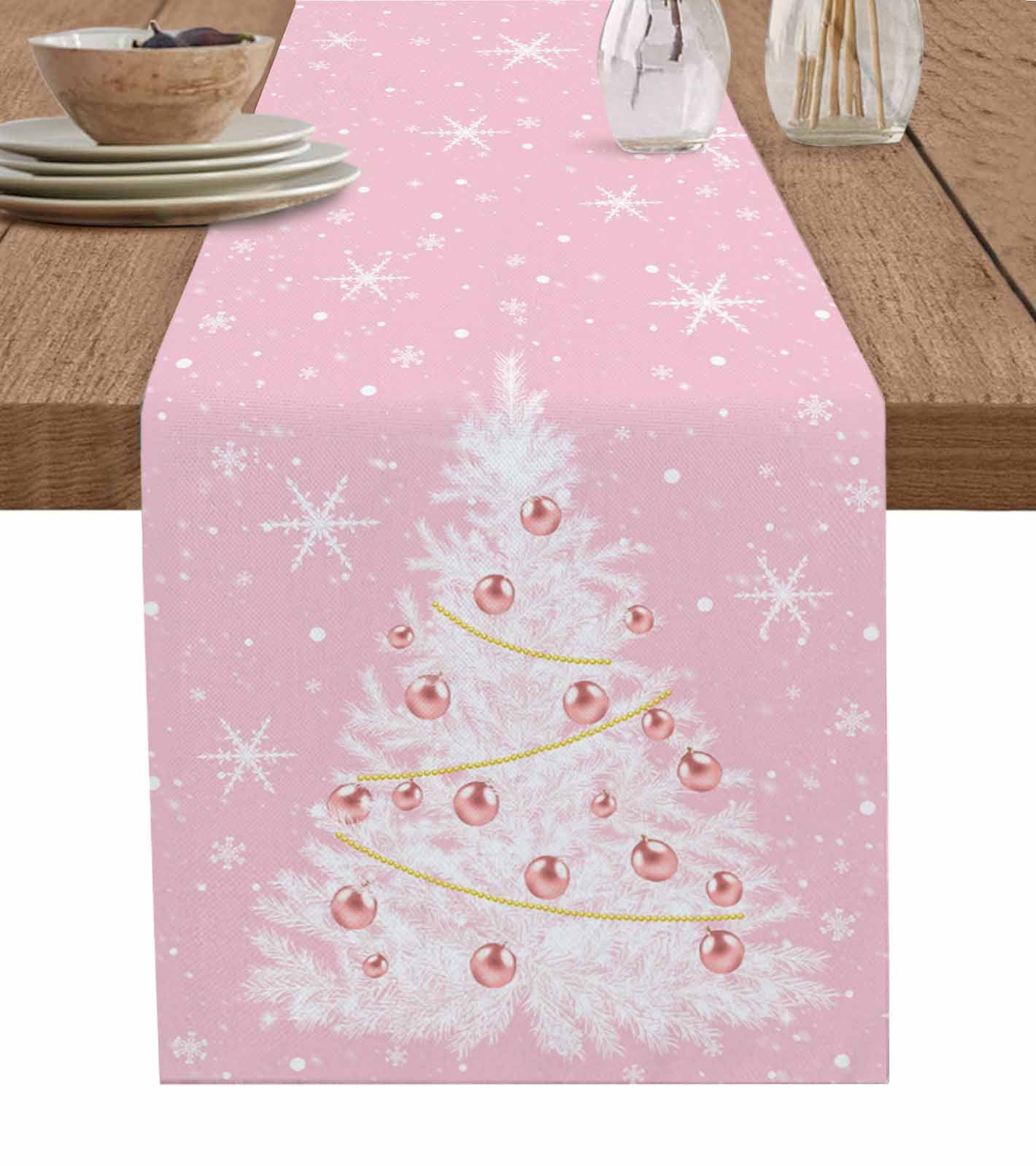 Ldtrchee Pink Christmas Tree Table Runner 120 Inches, Winter Balls Snowflake Xmas Tree Bed Runner Dresser Scarves Tabletop for Indoor Outdoor Parties/Ceremony/Banquet, 13"x 120"