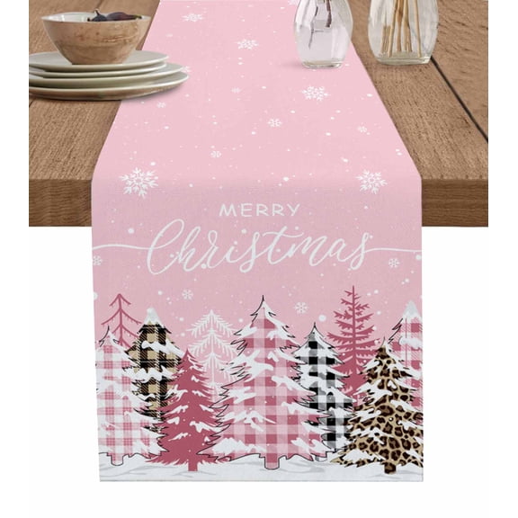 Ldtrchee Pink Christmas Tree Table Runner 36 Inches, Winter Xmas Tree Snowflake Bed Runner Dresser Scarves Tabletop for Indoor Outdoor Parties/Ceremony/Banquet, 13"x 36"