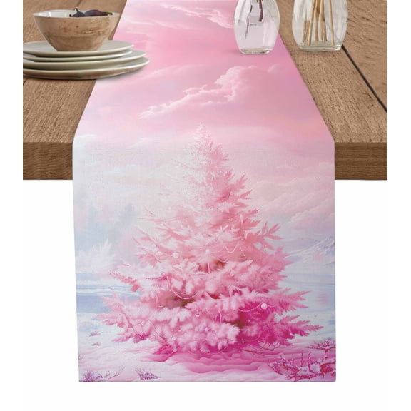 Ldtrchee Pink Christmas Tree Table Runner 70 Inches, Pink Ombre Xmas Tree Oil Painting Bed Runner Dresser Scarves Tabletop for Indoor Outdoor Parties/Ceremony/Banquet, 13" x 70"
