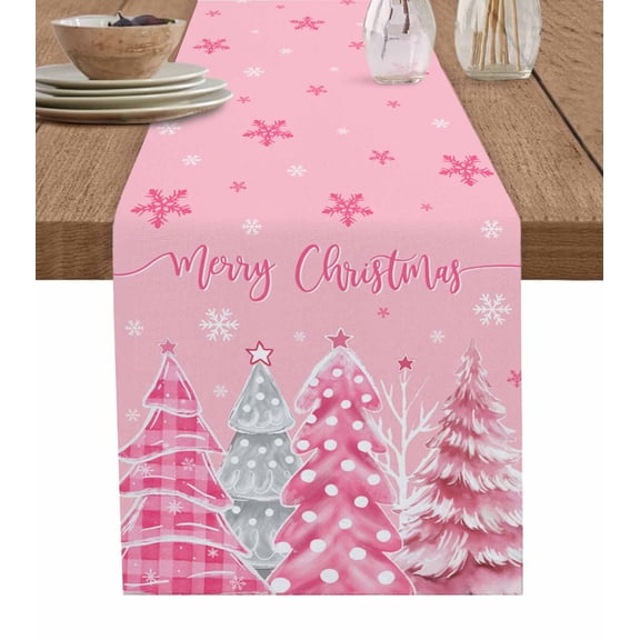 Ldtrchee Pink Grey Christmas Tree Table Runner 36 Inches, Xmas Tree Snowflake Bed Runner Dresser Scarves Tabletop for Indoor Outdoor Parties/Ceremony/Banquet, 13"x 36"