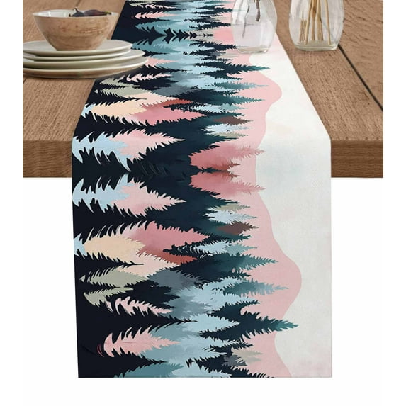 Ldtrchee Pink Mountain Table Runner 70 Inches, Modern Geometric Forest Trees Silhouette Bed Runner Dresser Scarves Tabletop for Indoor Outdoor Parties/Ceremony/Banquet, 13" x 70"