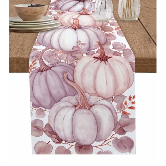 Ldtrchee Pink White Pumpkins Fall Table Runner 120 Inches, Thanksgiving Eucalyptus Leaves Bed Runner Dresser Scarves Tabletop for Indoor Outdoor Parties/Ceremony/Banquet, 13"x 120"