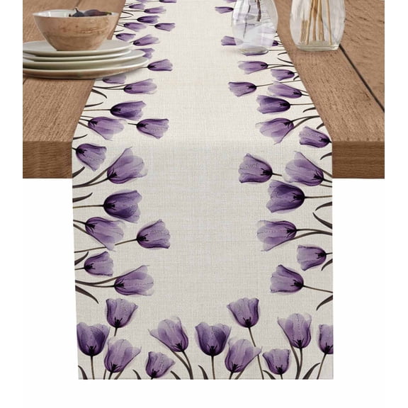 Ldtrchee Purple Tulip Flower Table Runner 36 Inches, Aesthetics Farmhouse Floral Plant Bed Runner Dresser Scarves Tabletop for Indoor Outdoor Parties/Ceremony/Banquet, 13"x 36"