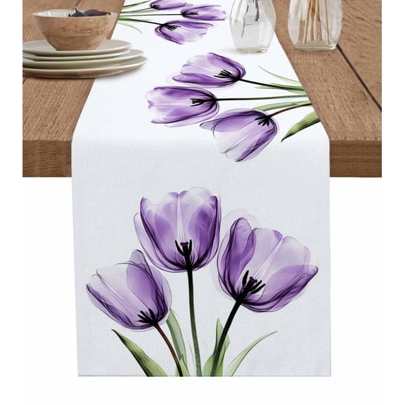 Ldtrchee Purple Tulips Table Runner 72 Inches, Country Retro Aesthetic Floral Flower Bed Runner Dresser Scarves Tabletop for Indoor Outdoor Parties/Ceremony/Banquet, 16" x 72"