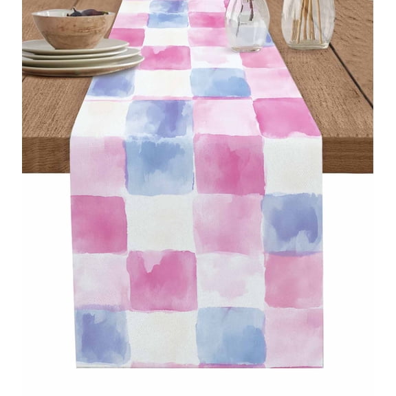 Ldtrchee Rainbow Plaid Table Runner 70 Inches, Pastel Pink Blue Gradient Patchwork Bed Runner Dresser Scarves Tabletop for Indoor Outdoor Parties/Ceremony/Banquet, 13" x 70"