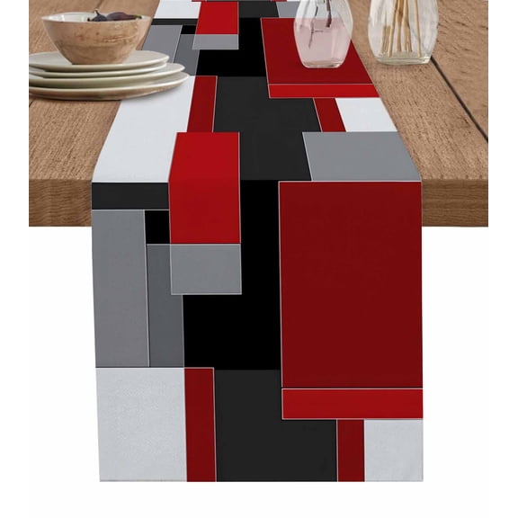 Ldtrchee Red Black Grey Geometric Table Runner 60 Inches, Abstract Modern Irregular Bed Runner Dresser Scarves Tabletop for Indoor Outdoor Parties/Ceremony/Banquet, 13" x 60"