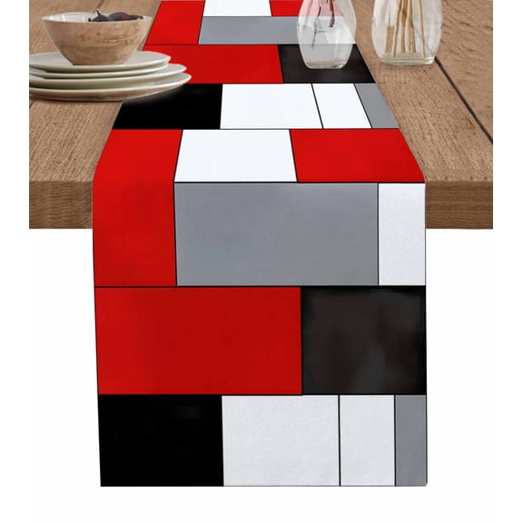 Ldtrchee Red Black Grey Table Runner 72 Inches, Modern Irregular Geometric Abstract Bed Runner Dresser Scarves Tabletop for Indoor Outdoor Parties/Ceremony/Banquet, 18" x 72"