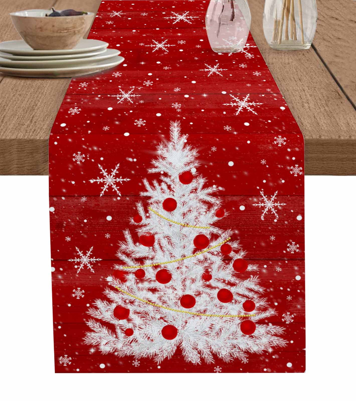 Ldtrchee Red Christmas Tree Table Runner 72 Inches, Vintage Balls Snowflake Xmas Tree Bed Runner Dresser Scarves Tabletop for Indoor Outdoor Parties/Ceremony/Banquet, 16" x 72"