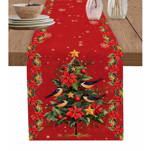 Ldtrchee Red Christmas Tree Table Runner 72 Inches, Xmas Tree Snowflake Poinsettia Bed Runner Dresser Scarves Tabletop for Indoor Outdoor Parties/Ceremony/Banquet, 14" x 72"