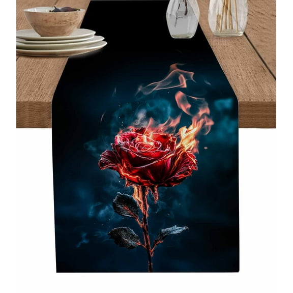 Ldtrchee Red Rose Black Table Runner 48 Inches, Burning Flower Floral Burning Roses Bed Runner Dresser Scarves Tabletop for Indoor Outdoor Parties/Ceremony/Banquet, 13" x 48"