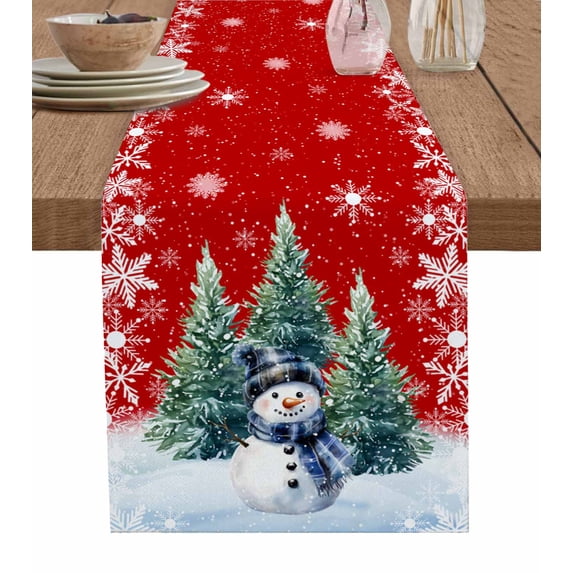 Ldtrchee Red Snowman Christmas Table Runner 72 Inches, Snowflake Green Xmas Tree Bed Runner Dresser Scarves Tabletop for Indoor Outdoor Parties/Ceremony/Banquet, 13" x 72"