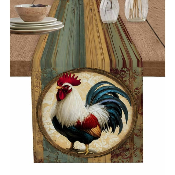 Ldtrchee Rooster Table Runner 72 Inches, Vintage Rustic Farmhouse Style Oil Painting Bed Runner Dresser Scarves Tabletop for Indoor Outdoor Parties/Ceremony/Banquet, 16" x 72"