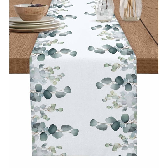 Ldtrchee Rustic Eucalyptus, Table Runner 70 Inches, Simple White Chic Greenery Leaves Bed Runner Dresser Scarves Tabletop for Indoor Outdoor Parties/Ceremony/Banquet, 13" x 70"