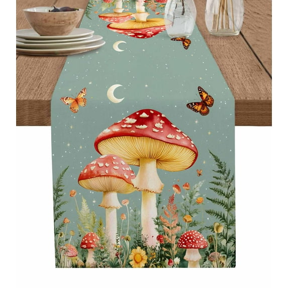 Ldtrchee Sage Green Mushroom Table Runner 72 Inches, Moon Spring Summer Floral Botanical Bed Runner Dresser Scarves Tabletop for Indoor Outdoor Parties/Ceremony/Banquet, 14" x 72"