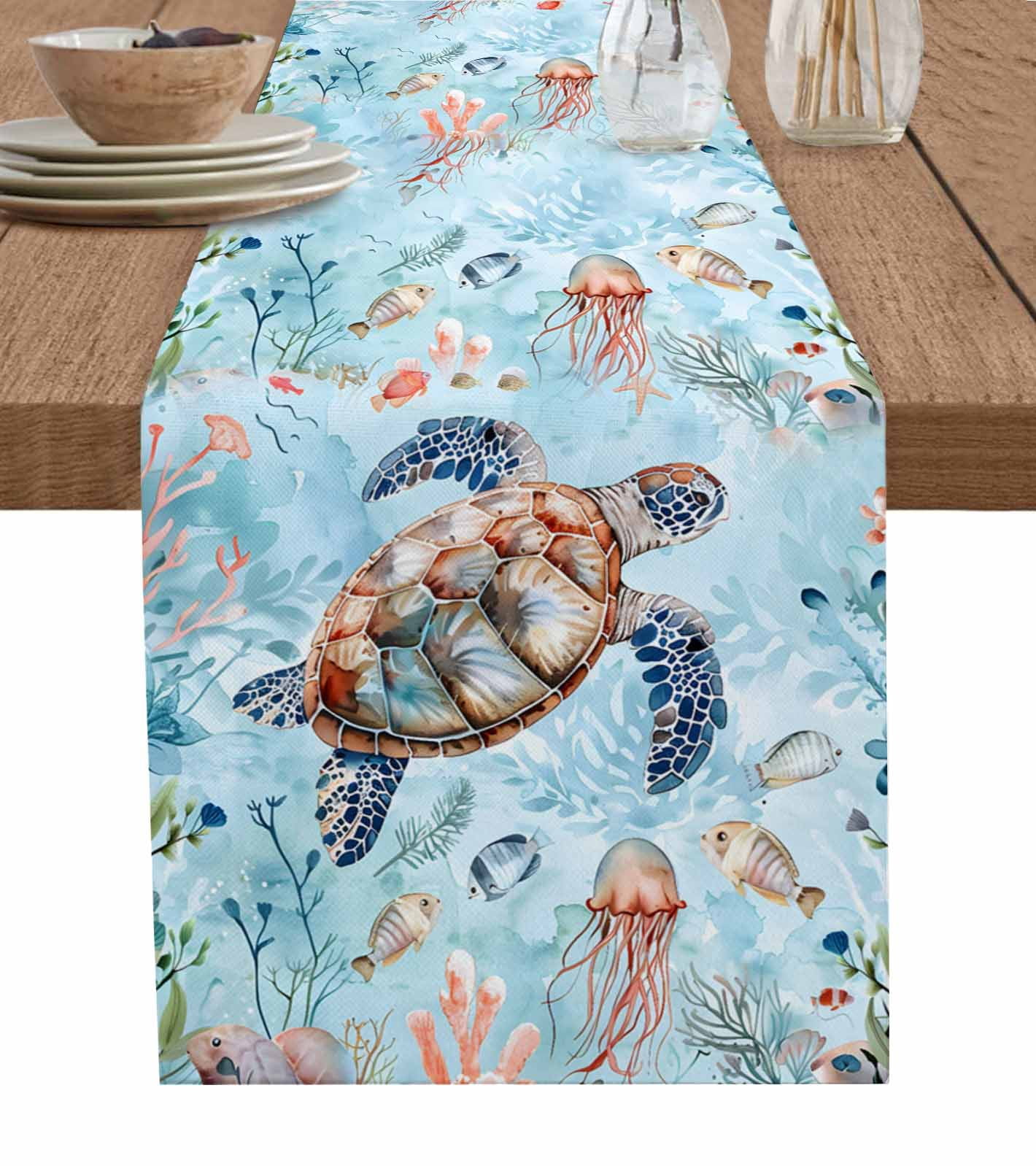 Tabletop Turtle Ldtrchee Sea Turtle Table Runner 90 Inches, Summer Beach Coastal ...