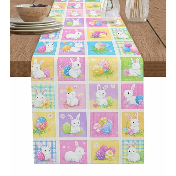 Ldtrchee Spring Easter Table Runner 120 Inches, Colorful Cute Bunny Egg Checkered Bed Runner Dresser Scarves Tabletop for Indoor Outdoor Parties/Ceremony/Banquet, 13"x 120"