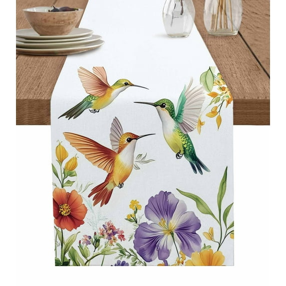 Ldtrchee Spring Floral Table Runner 72 Inches, Birds Summer Botanical Flowers Pastoral Bed Runner Dresser Scarves Tabletop for Indoor Outdoor Parties/Ceremony/Banquet, 16" x 72"