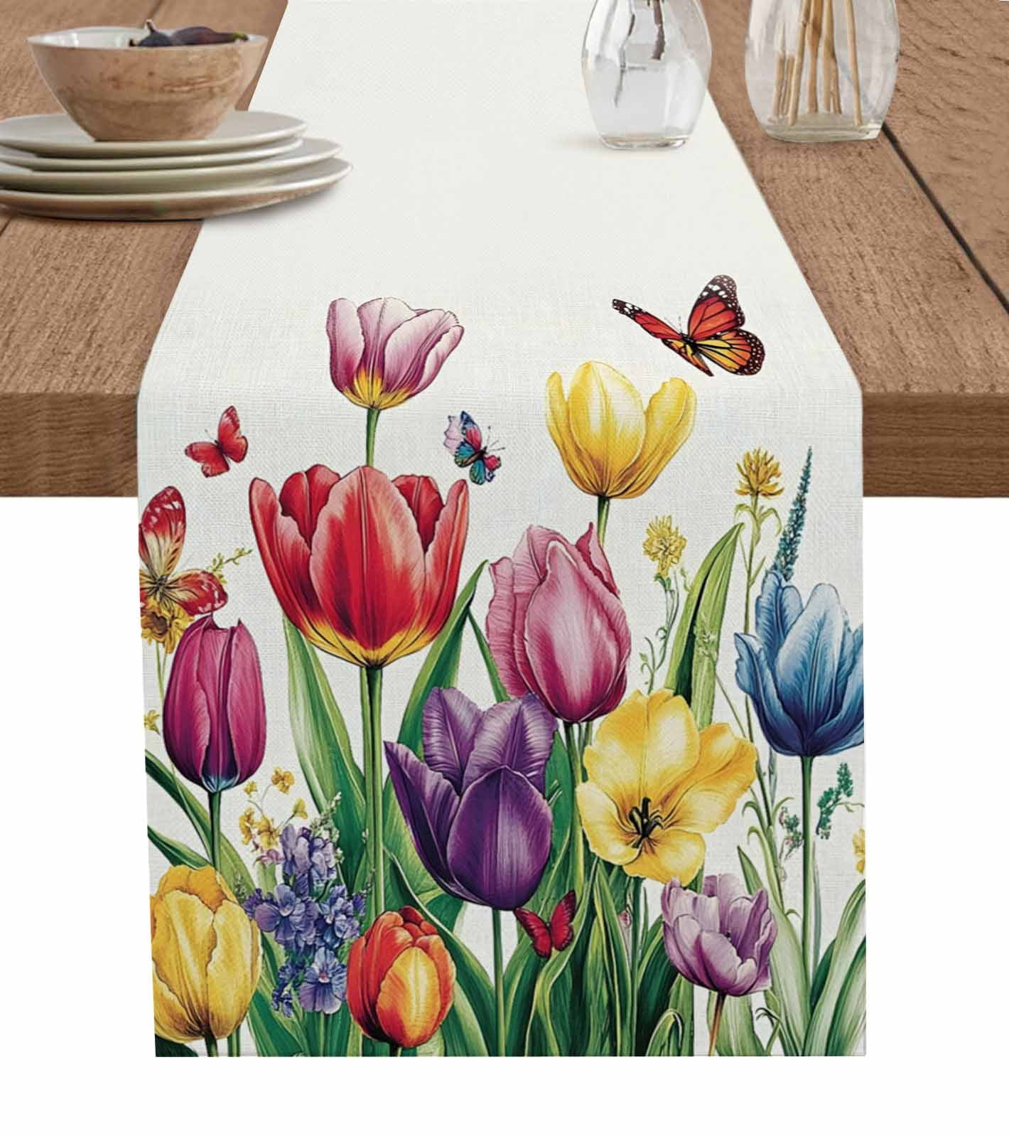 Lsrtoss Spring Floral Table Runner – 90 Inches Long, Blue Tulip Botanical Print, Cotton Linen Blend For Farmhouse Decor - View #7