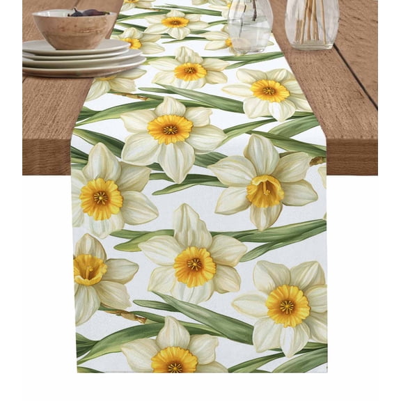 Ldtrchee Spring Flowers Table Runner 48 Inches, White Botanical Nature Daffodils Floral Bed Runner Dresser Scarves Tabletop for Indoor Outdoor Parties/Ceremony/Banquet, 13" x 48"