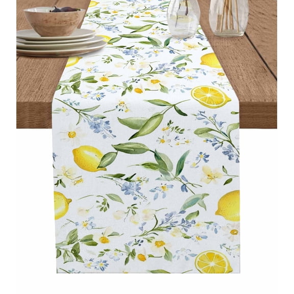 Ldtrchee Summer Lemon Table Runner 108 Inches, Botanical Spring Floral Yellow Fruits Bed Runner Dresser Scarves Tabletop for Indoor Outdoor Parties/Ceremony/Banquet, 13"x 108"
